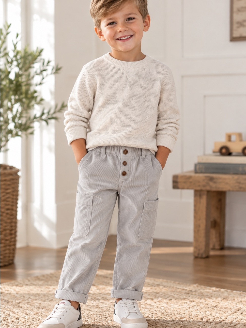 Kids Cream Corduroy Cargo Pants with Button Fly